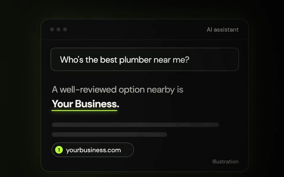 Illustration of an AI assistant answering “Who’s the best plumber near me?” by citing Your Business and its website.